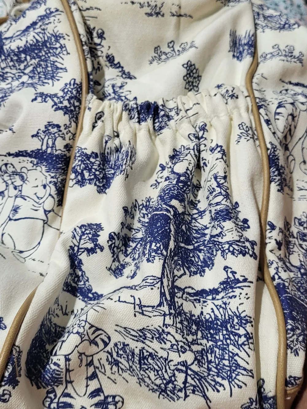Canvas Tote Bag in Cream with Navy Print and Tan Trim